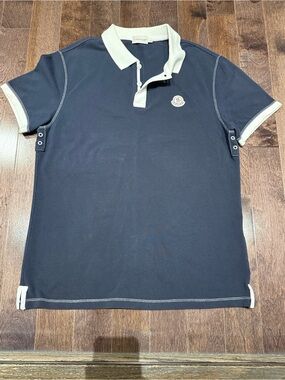 Moncler Men's Navy Polo with White Contrast Collar